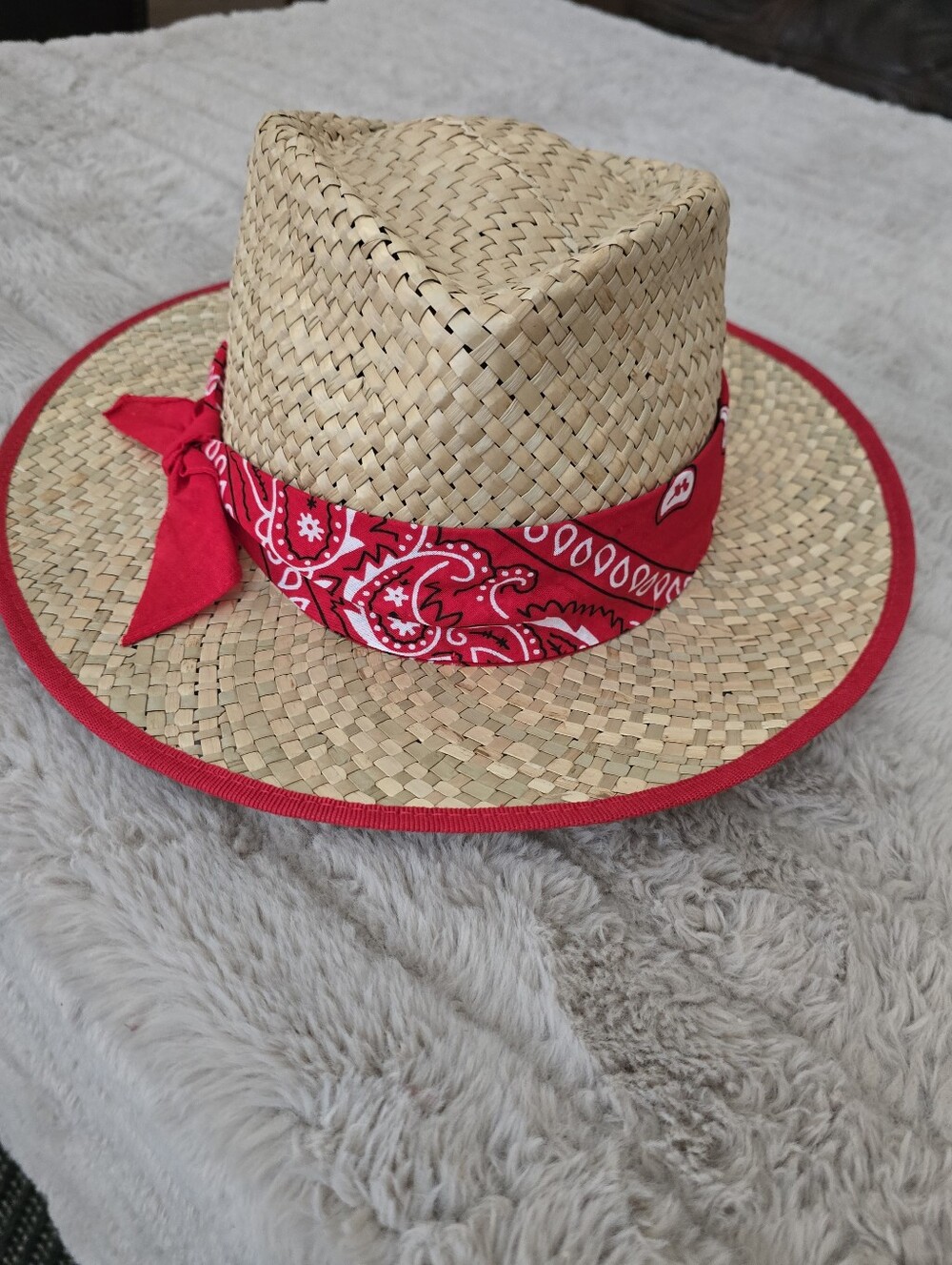 TIRABASSO ITALIAN Red-Trim Straw Sun Hat with Red Bandana Accent